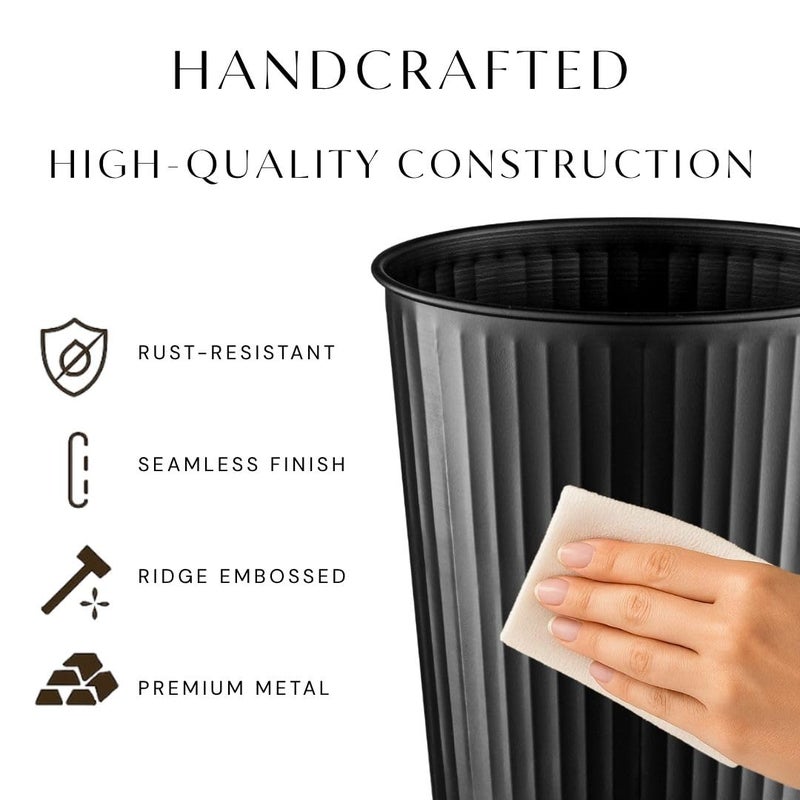 Monarch Abode Metal Bathroom Trash Can – Waste Basket for Bedroom, Office Desk, & Dorm, Handcrafted Ridge Embossed, Durable Decorative Black Small Trash Can Bathroom Garbage Bin Wastebasket - Image 3